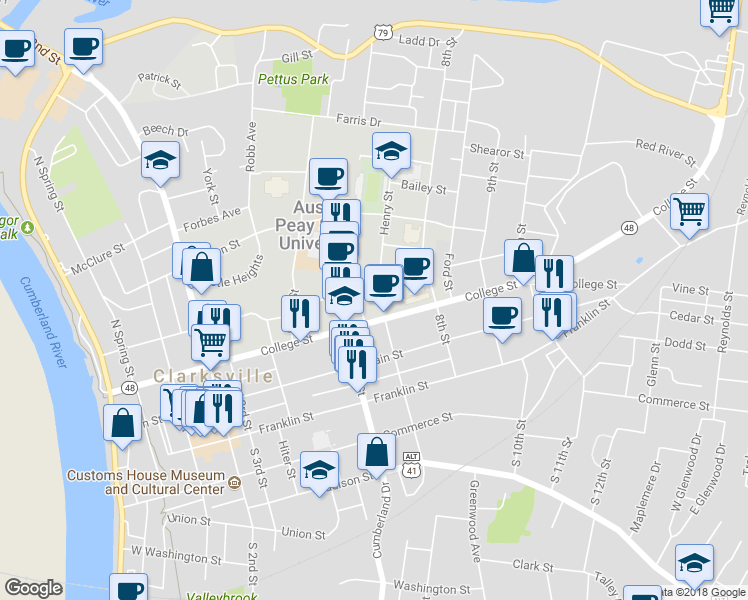 map of restaurants, bars, coffee shops, grocery stores, and more near 327 Henry Street in Clarksville