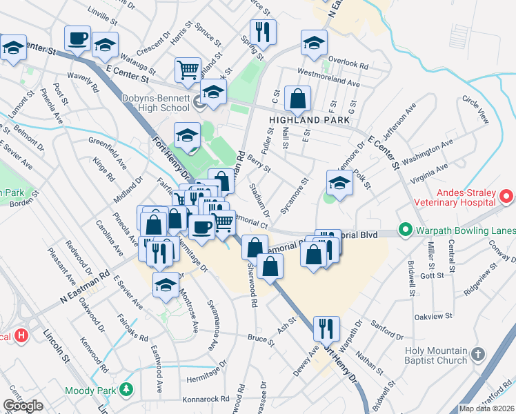 map of restaurants, bars, coffee shops, grocery stores, and more near 2120 Hemlock Lane in Kingsport