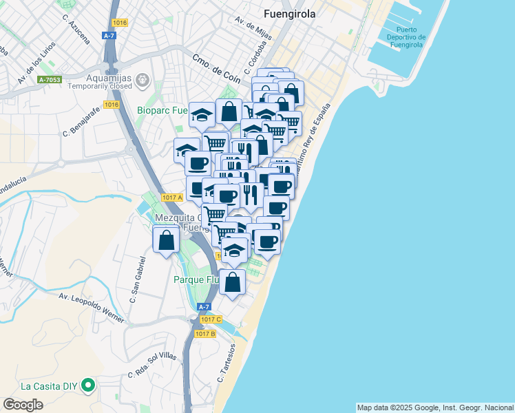 map of restaurants, bars, coffee shops, grocery stores, and more near 44 Calle Madrid in Fuengirola