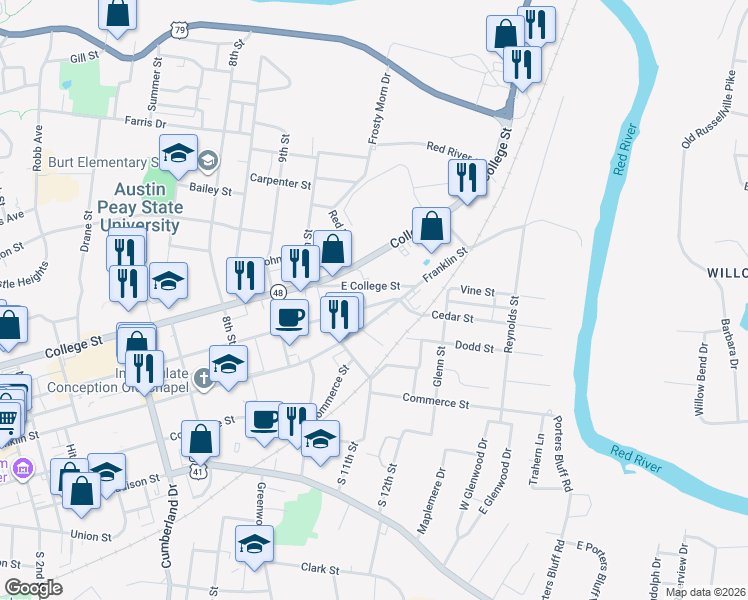 map of restaurants, bars, coffee shops, grocery stores, and more near 1137 Main Street in Clarksville