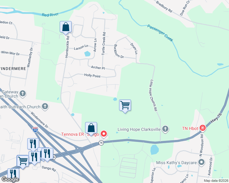map of restaurants, bars, coffee shops, grocery stores, and more near 840 Sumac Court in Clarksville