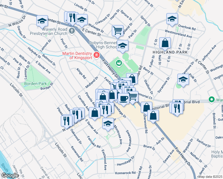 map of restaurants, bars, coffee shops, grocery stores, and more near 1641 Fairfield Avenue in Kingsport
