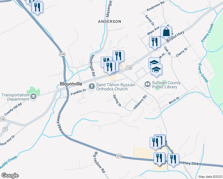 map of restaurants, bars, coffee shops, grocery stores, and more near 169 Franklin Drive in Blountville