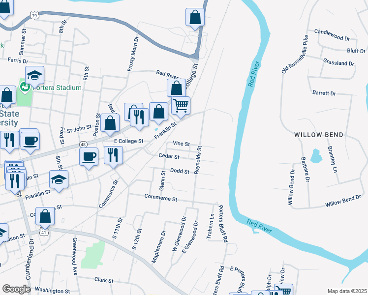 map of restaurants, bars, coffee shops, grocery stores, and more near 1218 Vine Street in Clarksville