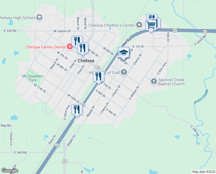 map of restaurants, bars, coffee shops, grocery stores, and more near 203 East 7th Street in Chelsea