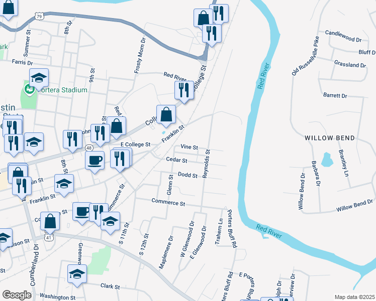 map of restaurants, bars, coffee shops, grocery stores, and more near 1218 Vine Street in Clarksville