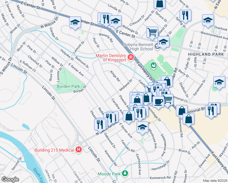 map of restaurants, bars, coffee shops, grocery stores, and more near 1569 Pineola Ave in Kingsport