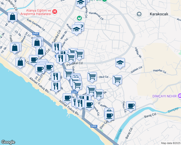 map of restaurants, bars, coffee shops, grocery stores, and more near 9 Koca Osman Sokak in Alanya