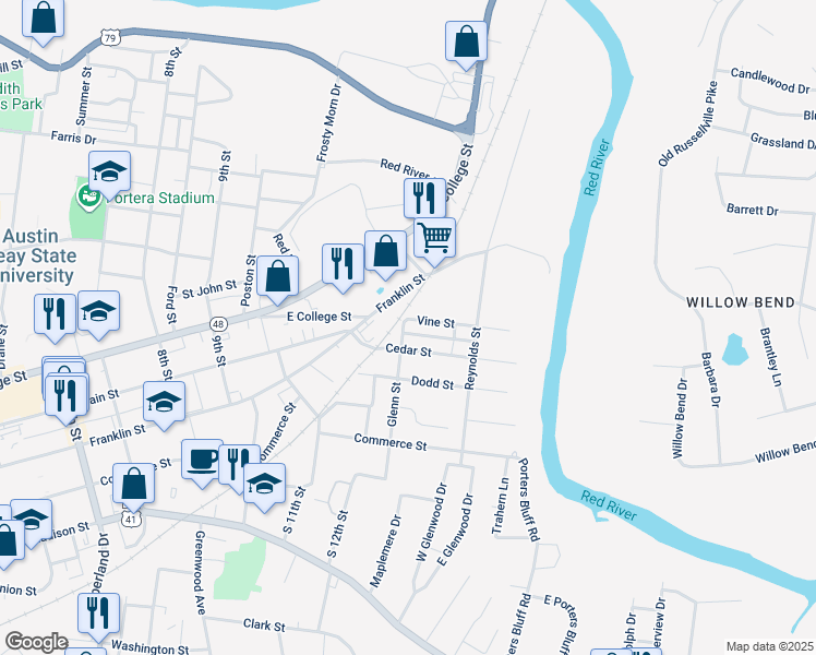 map of restaurants, bars, coffee shops, grocery stores, and more near 1200 Vine Street in Clarksville