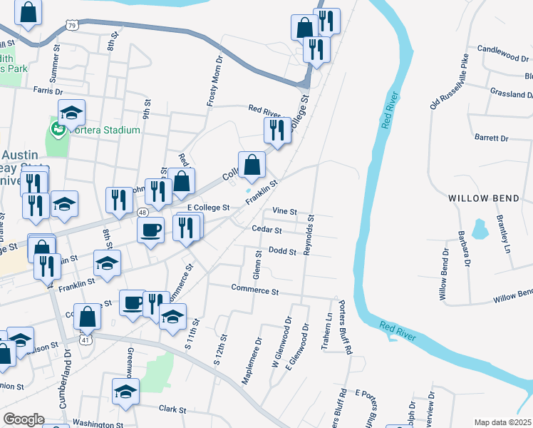 map of restaurants, bars, coffee shops, grocery stores, and more near 1200 Vine Street in Clarksville