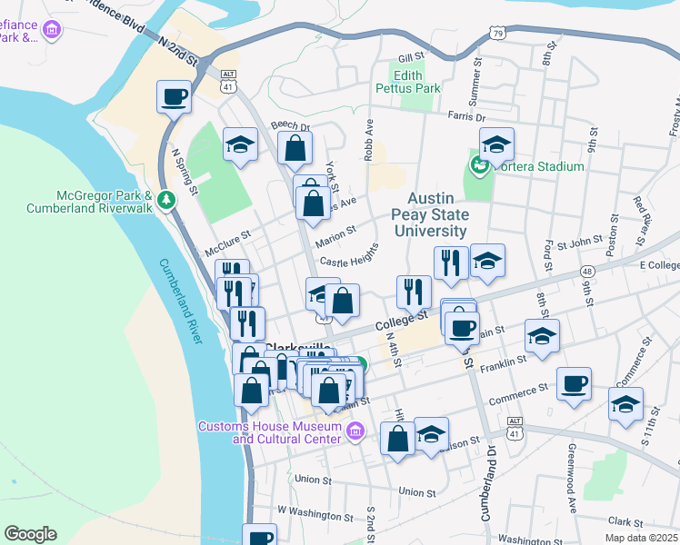 map of restaurants, bars, coffee shops, grocery stores, and more near West Avenue in Clarksville