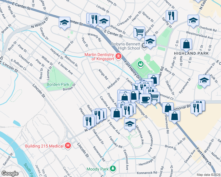 map of restaurants, bars, coffee shops, grocery stores, and more near 1137 Midland Drive in Kingsport