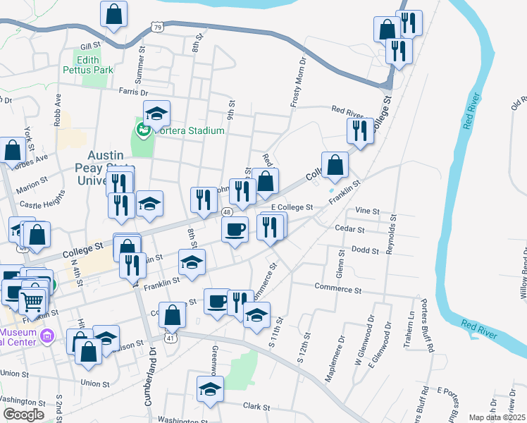 map of restaurants, bars, coffee shops, grocery stores, and more near 1110 East College Street in Clarksville