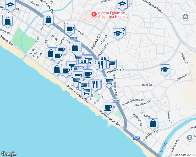 map of restaurants, bars, coffee shops, grocery stores, and more near 11 30. Sokak in Alanya