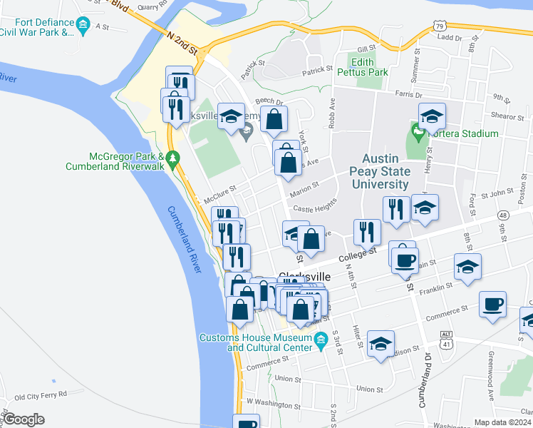 map of restaurants, bars, coffee shops, grocery stores, and more near 106 Marion Street in Clarksville