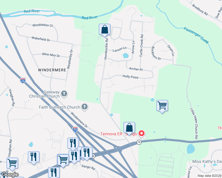 map of restaurants, bars, coffee shops, grocery stores, and more near 839 Nandina Court in Clarksville