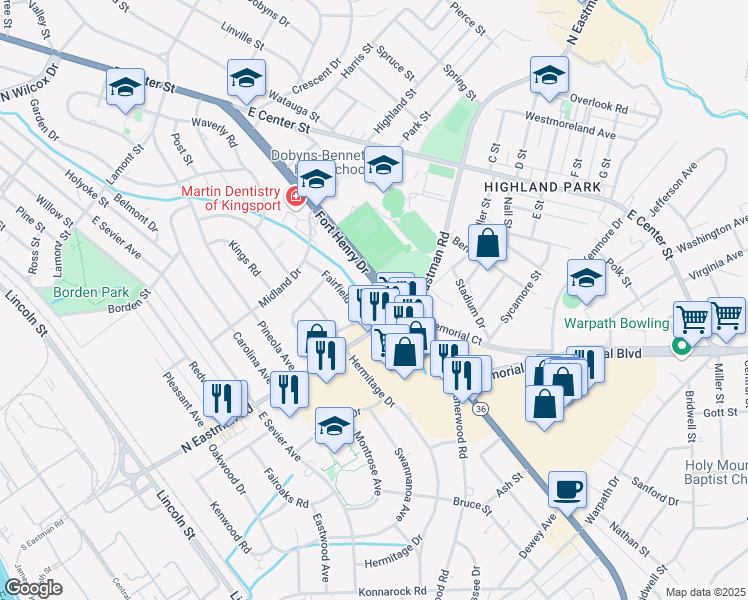 map of restaurants, bars, coffee shops, grocery stores, and more near 1601 Fort Henry Drive in Kingsport