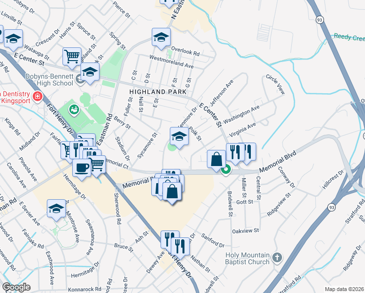 map of restaurants, bars, coffee shops, grocery stores, and more near 1517 Jessee St in Kingsport