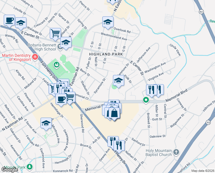 map of restaurants, bars, coffee shops, grocery stores, and more near 1516 Kenmore Drive in Kingsport