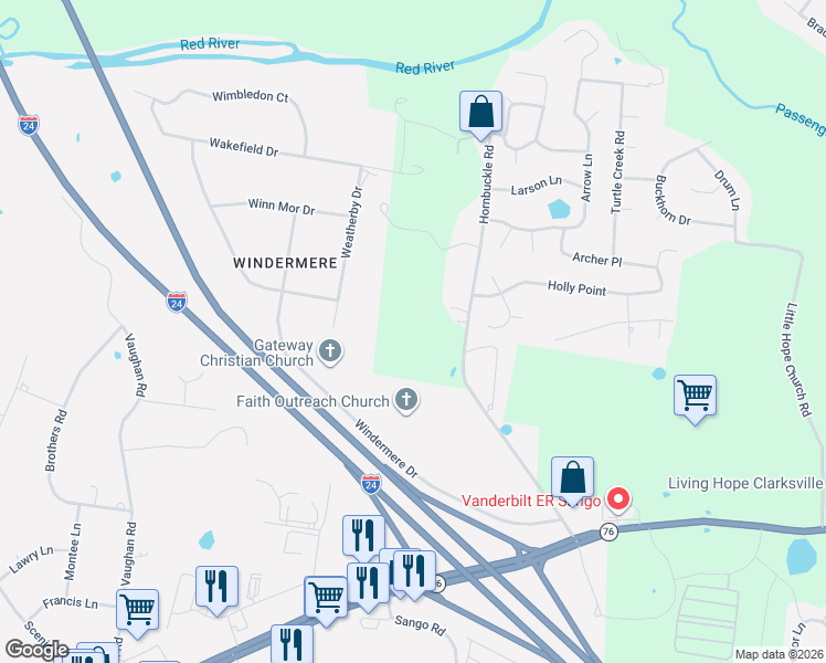map of restaurants, bars, coffee shops, grocery stores, and more near 780 Hornbuckle Road in Clarksville
