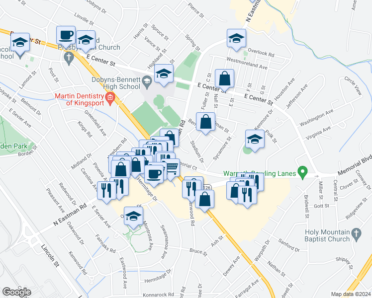 map of restaurants, bars, coffee shops, grocery stores, and more near 2112 Hemlock Lane in Kingsport