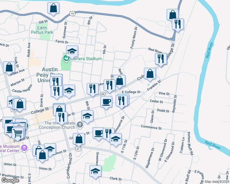 map of restaurants, bars, coffee shops, grocery stores, and more near 703 East College Street in Clarksville