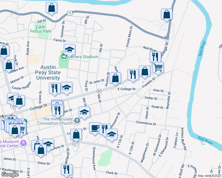 map of restaurants, bars, coffee shops, grocery stores, and more near 703 East College Street in Clarksville