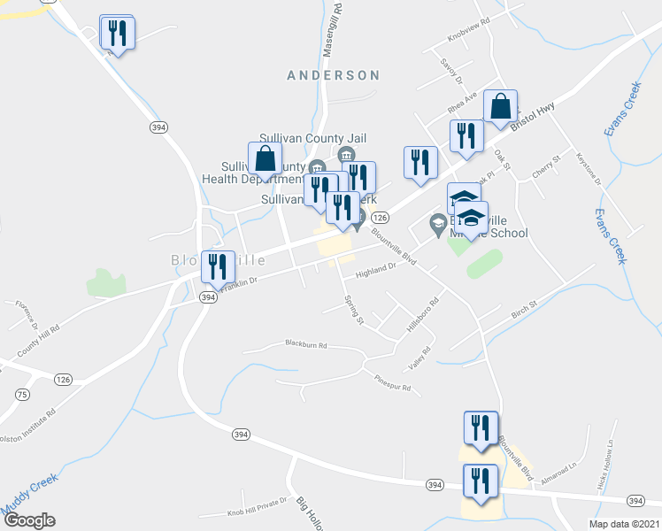 map of restaurants, bars, coffee shops, grocery stores, and more near 169 Franklin Drive in Blountville