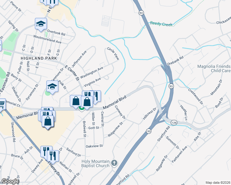 map of restaurants, bars, coffee shops, grocery stores, and more near 3310 Memorial Boulevard in Kingsport