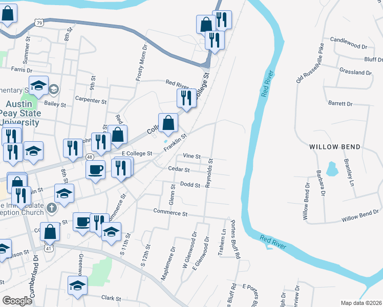 map of restaurants, bars, coffee shops, grocery stores, and more near 1218 Vine Street in Clarksville
