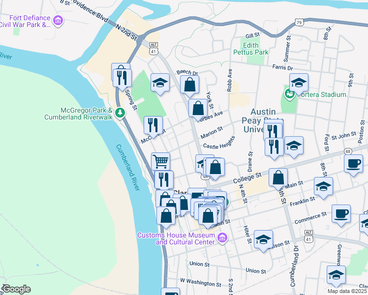 map of restaurants, bars, coffee shops, grocery stores, and more near 108 Marion Street in Clarksville
