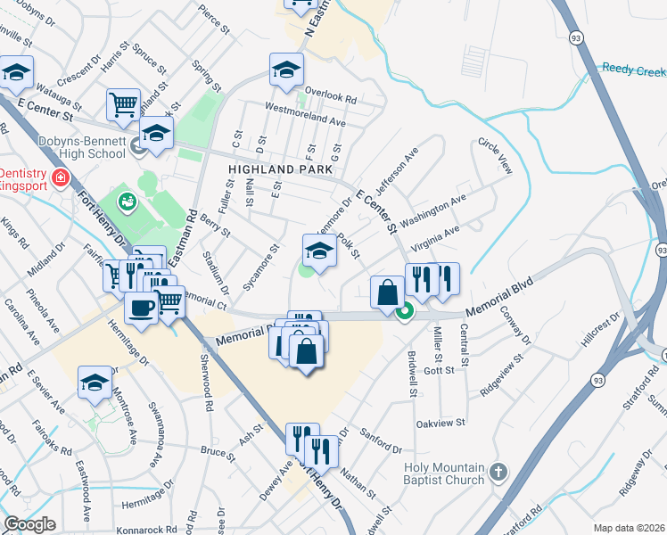 map of restaurants, bars, coffee shops, grocery stores, and more near 1517 Jessee Street in Kingsport