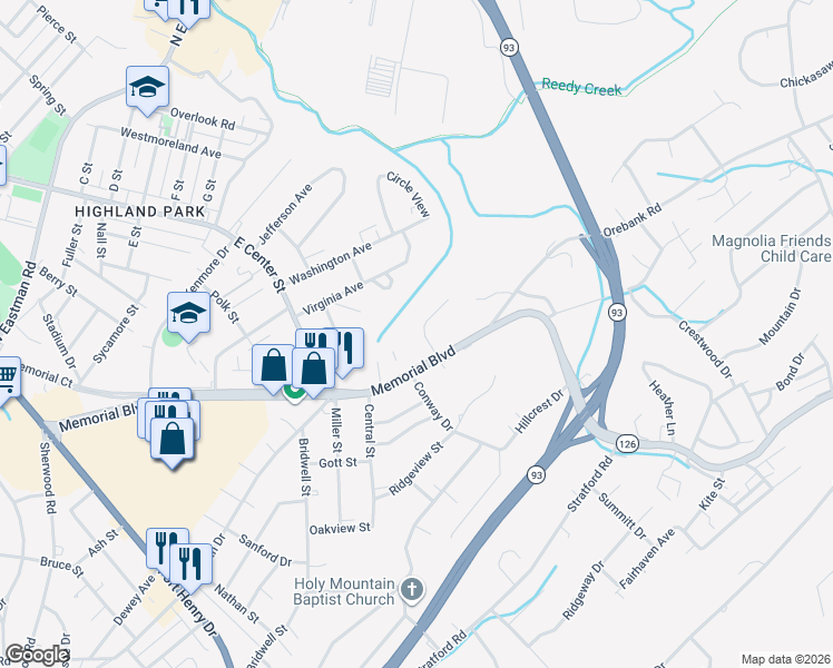map of restaurants, bars, coffee shops, grocery stores, and more near 3310 Memorial Boulevard in Kingsport