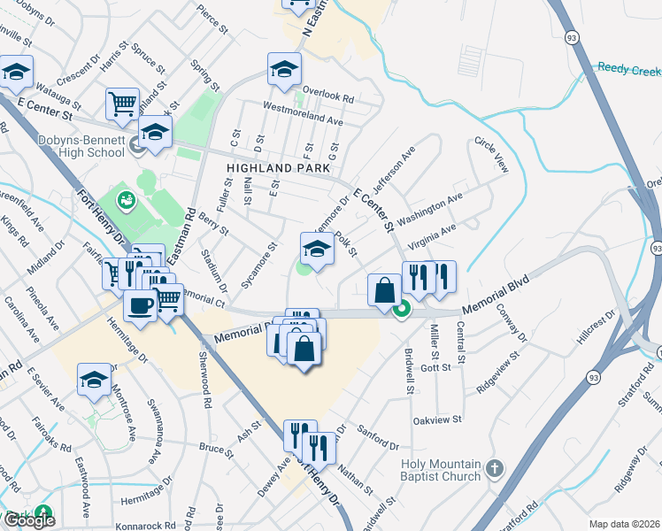 map of restaurants, bars, coffee shops, grocery stores, and more near 1517 Jessee St in Kingsport