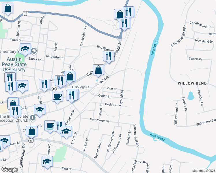 map of restaurants, bars, coffee shops, grocery stores, and more near 1218 Vine Street in Clarksville