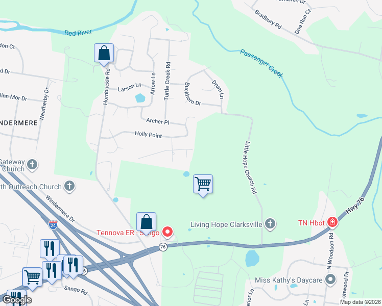 map of restaurants, bars, coffee shops, grocery stores, and more near 840 Sumac Court in Clarksville