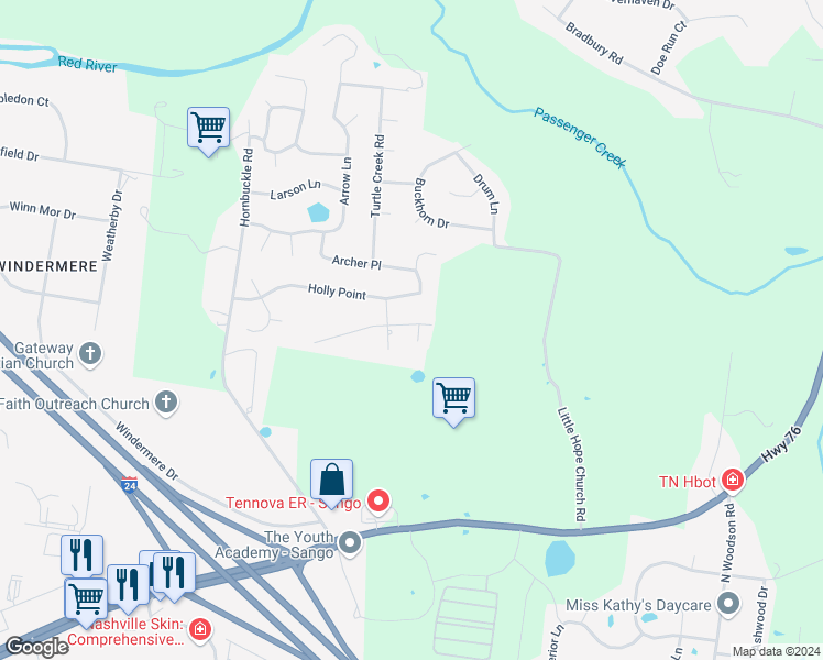map of restaurants, bars, coffee shops, grocery stores, and more near 844 Sumac Court in Clarksville