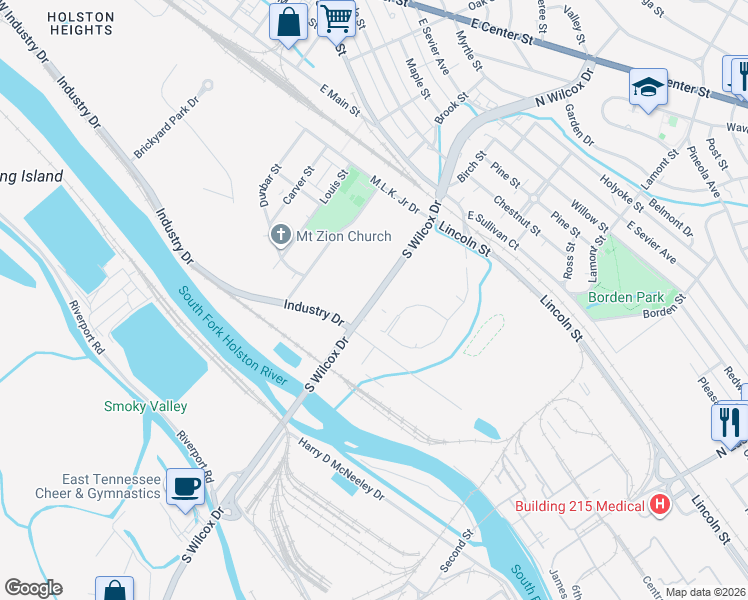 map of restaurants, bars, coffee shops, grocery stores, and more near 301 South Wilcox Drive in Kingsport