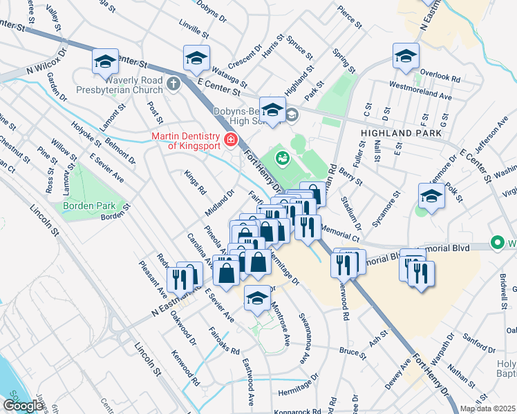map of restaurants, bars, coffee shops, grocery stores, and more near 1641 Fairfield Avenue in Kingsport