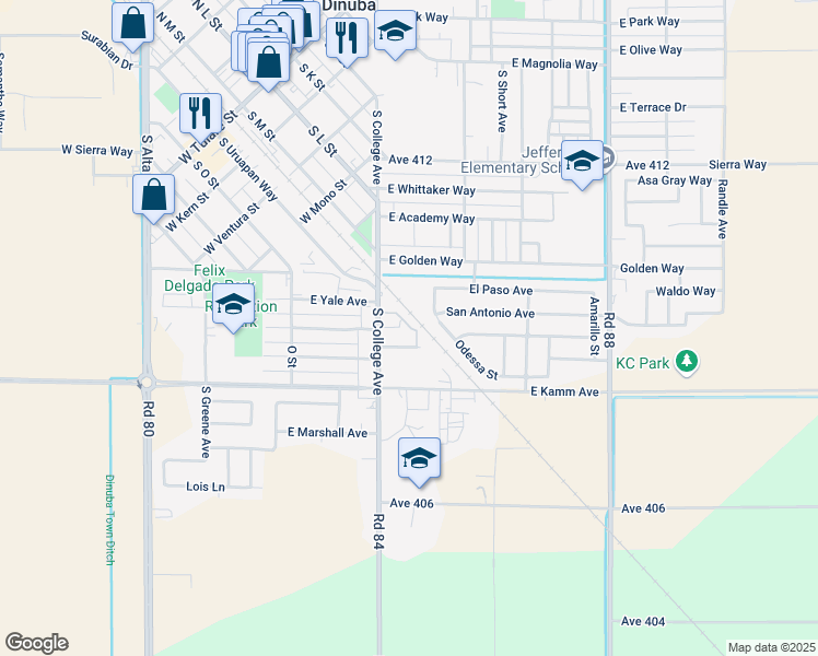 map of restaurants, bars, coffee shops, grocery stores, and more near 935 East College Lane in Dinuba