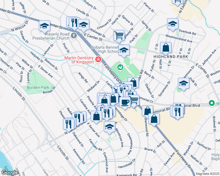 map of restaurants, bars, coffee shops, grocery stores, and more near 1641 Fairfield Avenue in Kingsport