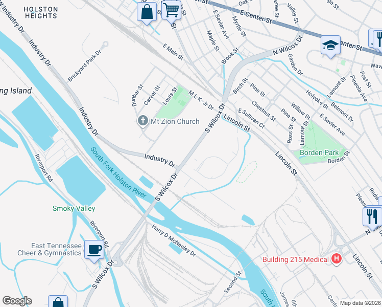 map of restaurants, bars, coffee shops, grocery stores, and more near 417 South Wilcox Drive in Kingsport