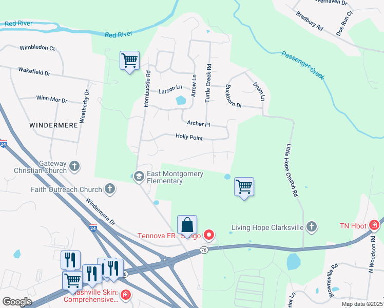 map of restaurants, bars, coffee shops, grocery stores, and more near 3139 Hawthorn Drive in Clarksville