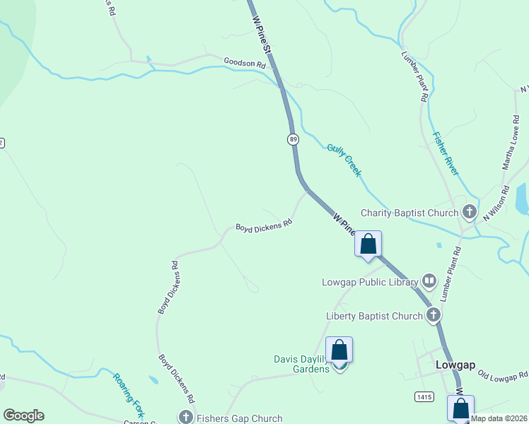 map of restaurants, bars, coffee shops, grocery stores, and more near 188 Boyd Dickens Road in Lowgap