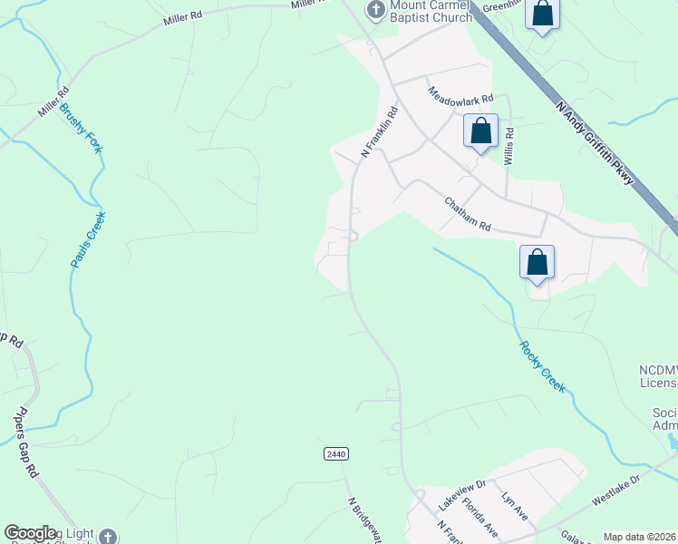 map of restaurants, bars, coffee shops, grocery stores, and more near 143 Scooby Doo Trail in Mount Airy