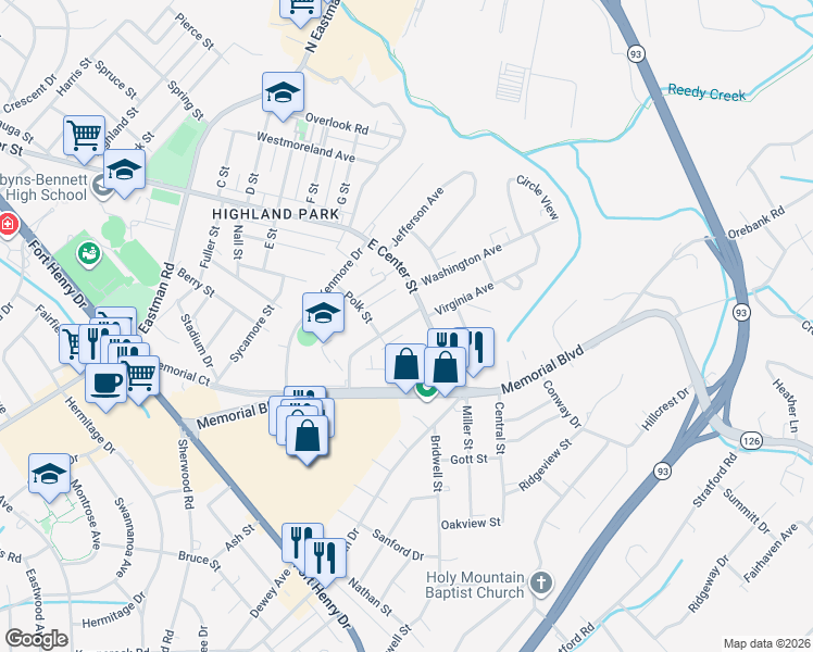 map of restaurants, bars, coffee shops, grocery stores, and more near 2444 Memorial Boulevard in Kingsport