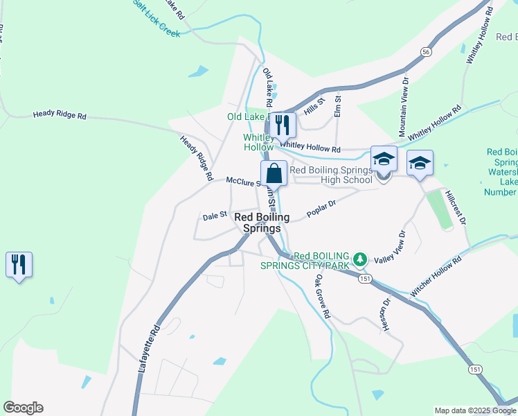 map of restaurants, bars, coffee shops, grocery stores, and more near Market Street in Red Boiling Springs