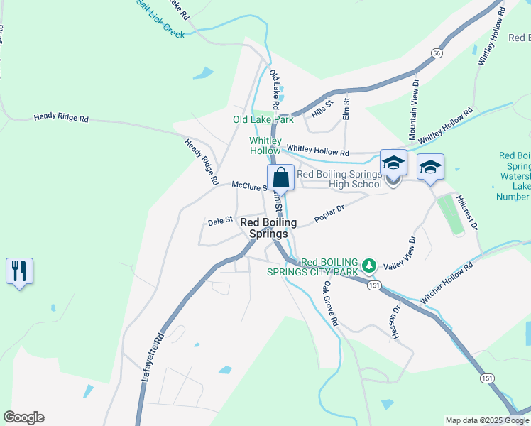 map of restaurants, bars, coffee shops, grocery stores, and more near Market Street in Red Boiling Springs