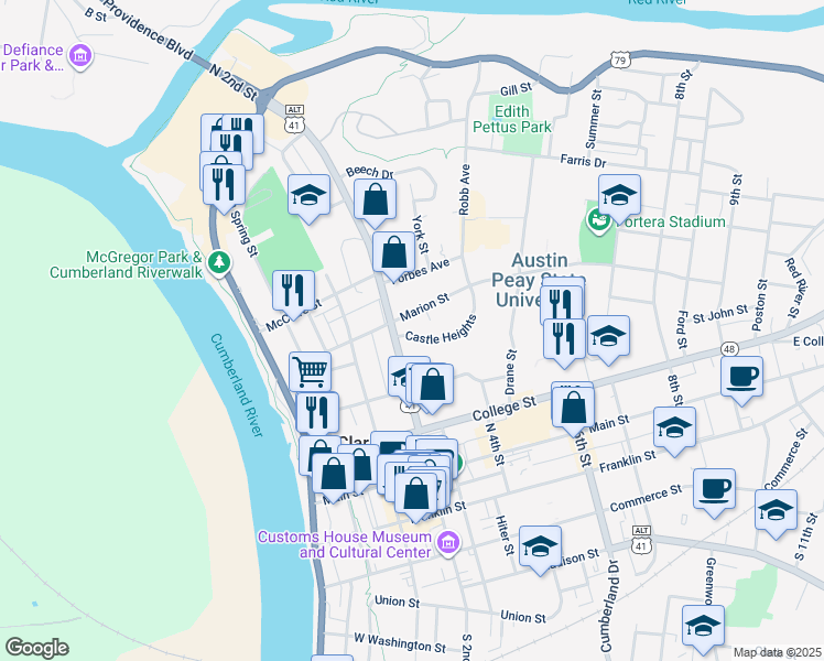 map of restaurants, bars, coffee shops, grocery stores, and more near 215 Marion Street in Clarksville
