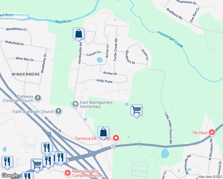 map of restaurants, bars, coffee shops, grocery stores, and more near 3145 Hawthorn Drive in Clarksville